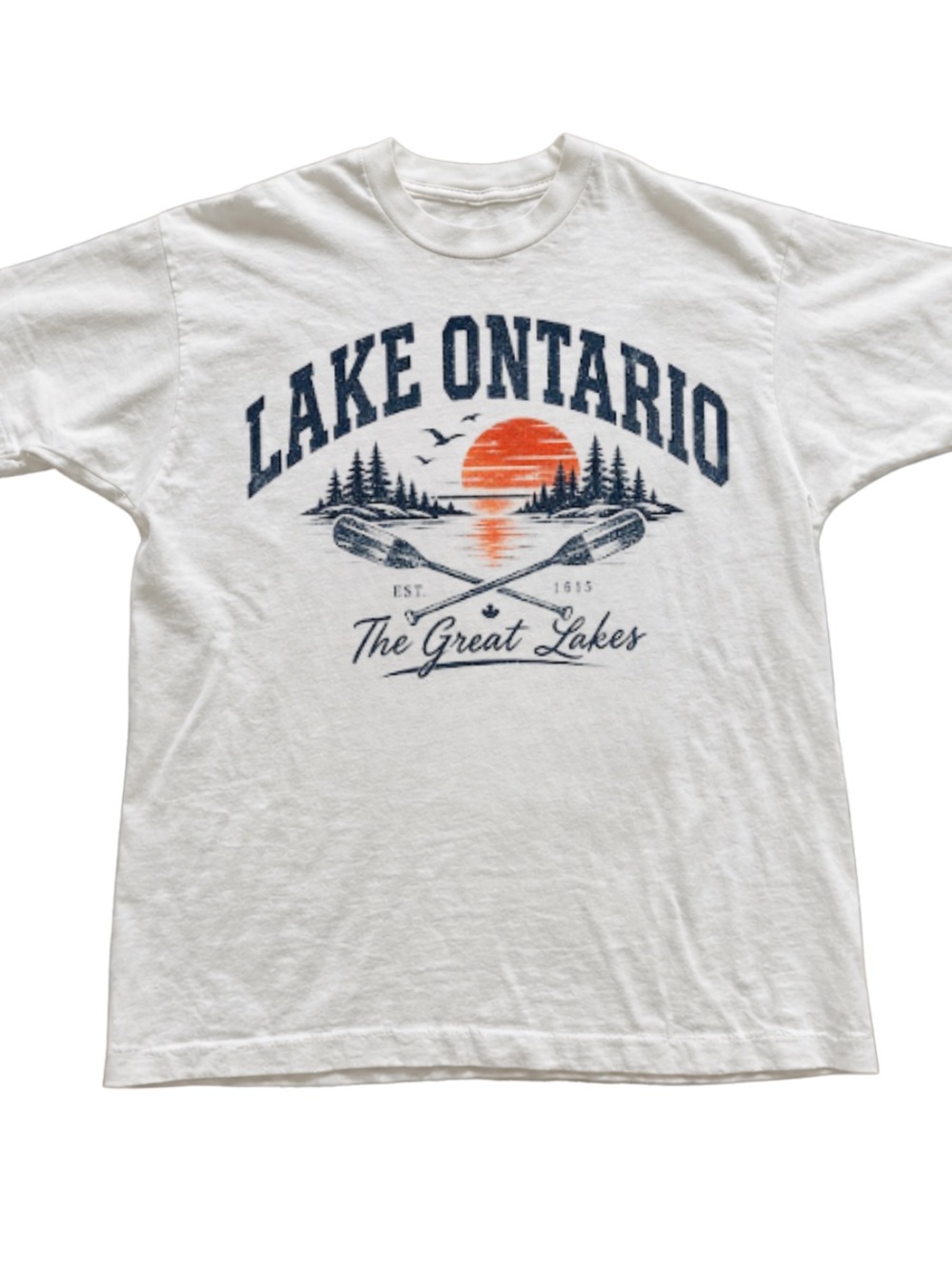 White Short Sleeve Lake Ontario Graphic Tee with Orange & Navy